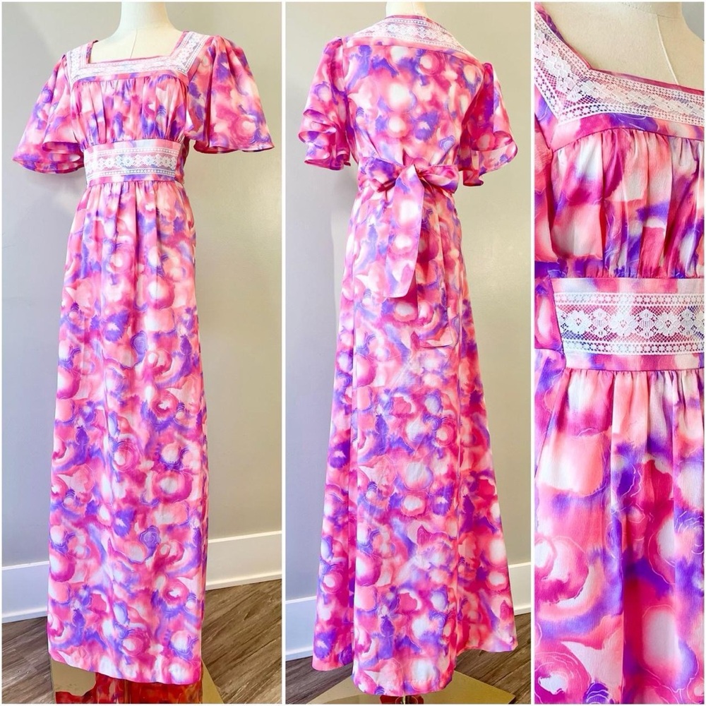 Vintage 1970s Psychedelic Dress Colorful Funky Novelty Print Abstract Size Large